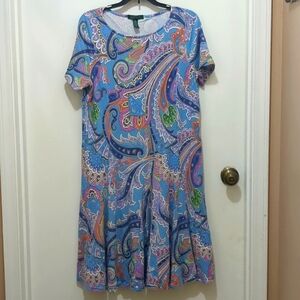 Ralph Lauren Women 1X Dress Fit & Flare Belted Stretch Paisley Blue Pre-owned